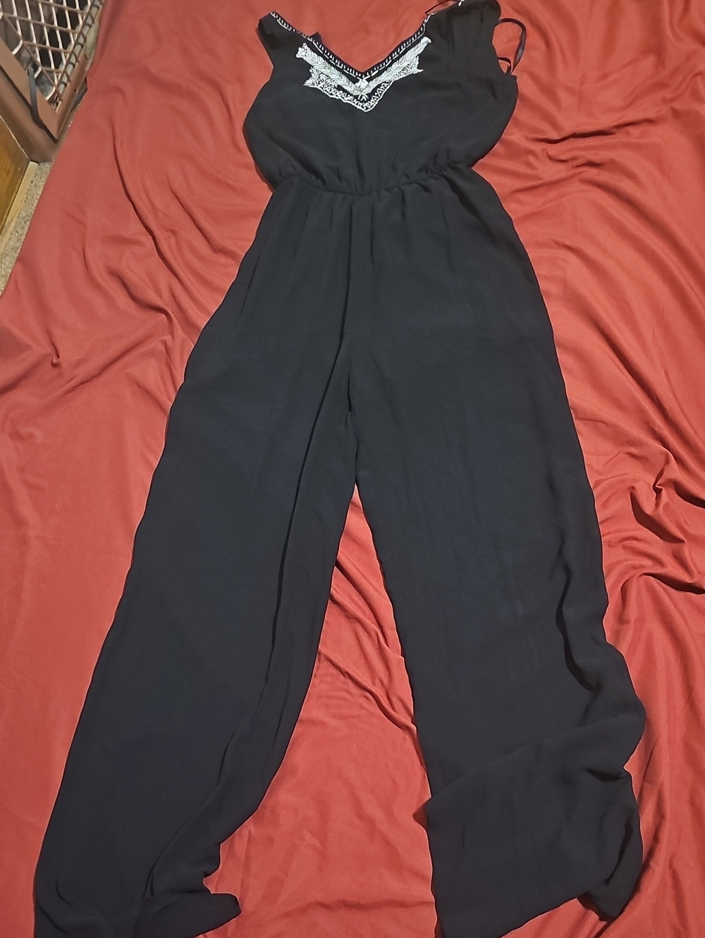 Black Embroidered V-Neck Wide-Leg Jumpsuit